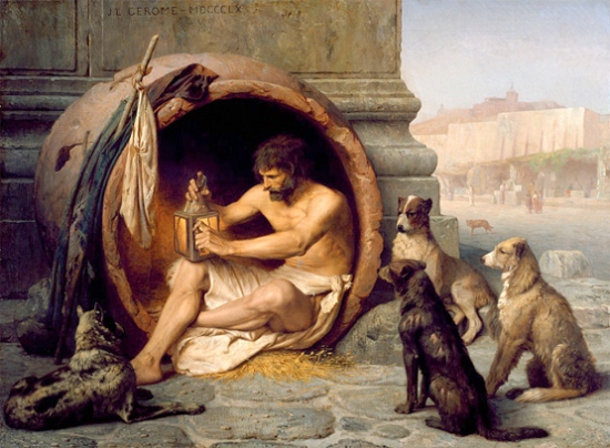 O filósofo grego Diógenes, que levou a vida simples ao extremos de ir morar em um barril. Pintura de Jean-Léon Gérôme